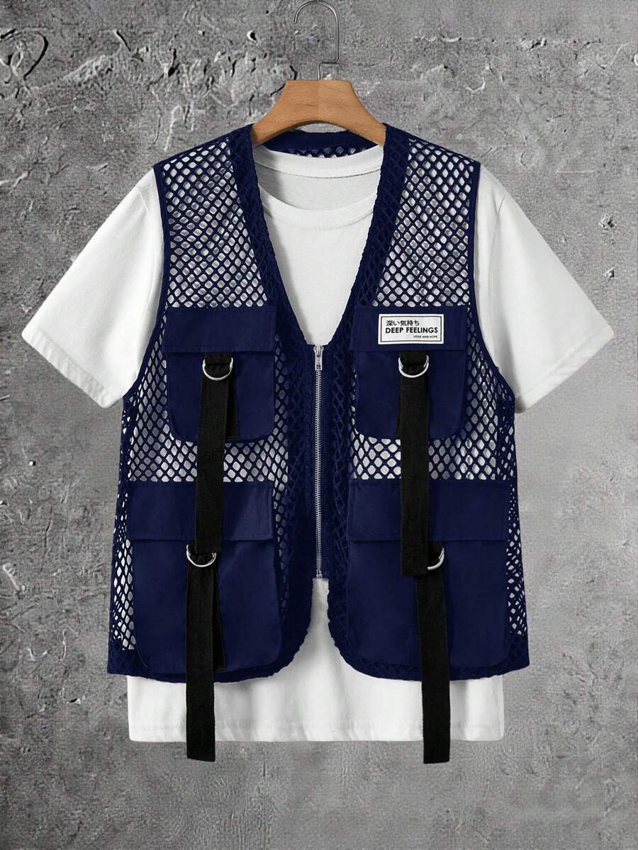 HIMLAND 男士休闲网眼拉链背心，多口袋设计，男士休闲网眼上衣，男士背心，欧洲夏季男士穿搭套装，蓝色男士背心 - 藍色 - 查看 1