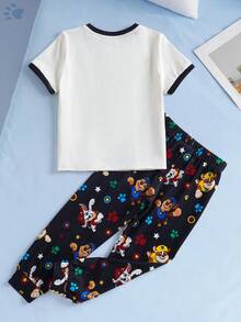 SHEIN | PAW Patrol Young Boy Summer Casual Dog Print Contrast Trim Round Neck Short Sleeve T-Shirt And Pants Pajama Set - White - View 2