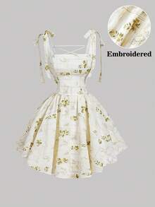 SHEIN MOD White Embroidered Romantic Backless Tie-Up Bowknot Dress,Summer Dress,Spring Break Outfits,Valentines Day Dress,Wedding Guest Dress,Birthday Dress ,Elegant Dresses ,,Vacation Outfits,Romantic Dress, Tea Party Dress, Elegant Pink Dress, Garden Party Formal Dress, - Apricot - View 3