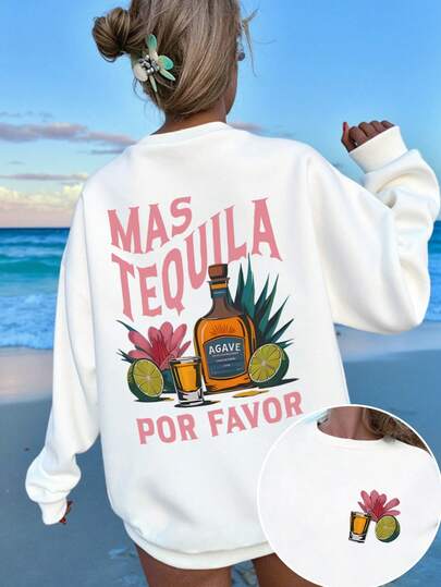 DrmWander 大码女式标语印花圆领宽松长袖卫衣