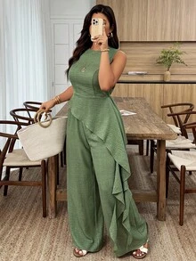 Weeklong Plus Size Women Spring/Summer Round Neck Waist Cinched Asymmetric Hem Ruffle Casual Workwear Set - Apricot - View 1