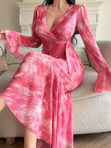 DAZY 女士优雅花卉V领喇叭袖系带衬衫和鱼尾裙两件套，春夏款 - 粉色 - 查看 5