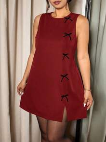 Elaquor Vestido elegante de talla grande con cuello redondo, sin mangas, ajustado, con diseño de moño y abertura lateral - Burdeos - Ver 1