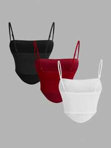 SHEIN MOD 3件套女士纯色褶皱时尚吊带背心，春夏款，适合鸡尾酒会、西部风、复古风、70年代风、日常穿着、假日、野餐、约会、度假、生日、节日、海滩度假、外出、下午茶、日常穿着、派对、情人节、女士嘉年华服装 - 彩色 - 查看 2