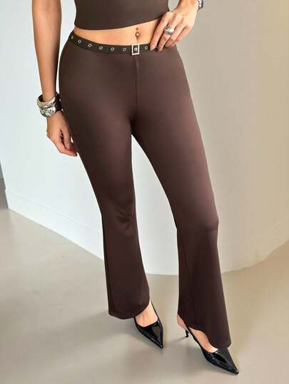 NOVVYNE Women's Solid Color Flared Pants With Eyelet Waist Design