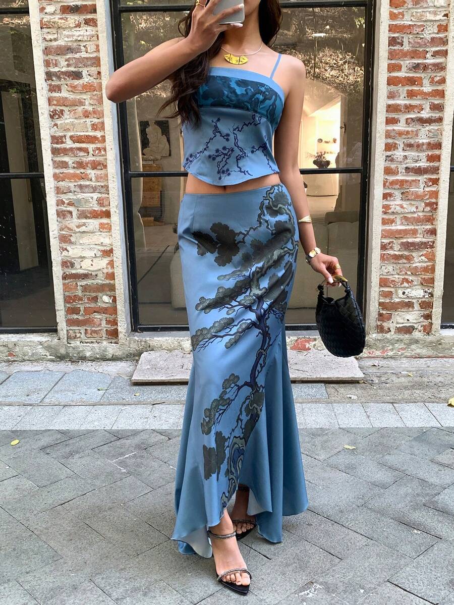 EastFlair Women's Blue Branch Print Camisole And Skirt 2 Pieces Set, Summer - Dusty Blue - View 1