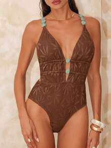 Swim Chiccia 1件装 女士吊带交叉露背绿色串珠装饰连体泳衣 - 咖啡棕 - 查看 7