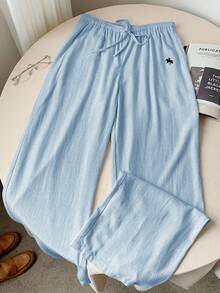 Comfortcana 浅蓝色梭织女式刺绣打结阔腿裤，百搭 - 淺藍色 - 查看 5