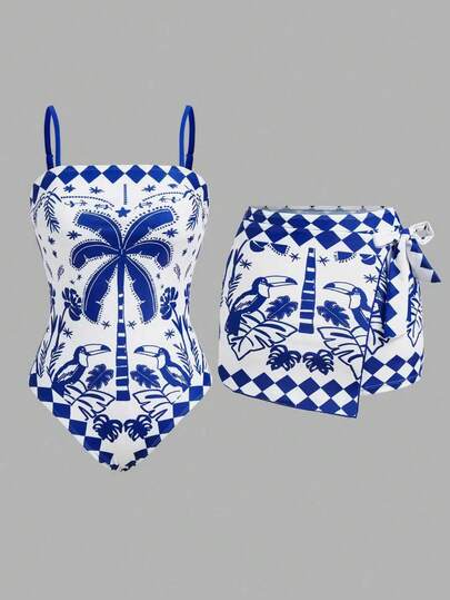 Swim Oasis 1pc Women's Blue & White Tropical Palm Tree Print One-Piece Swimsuit, Elegant Casual Beach Vacation Cover-Up