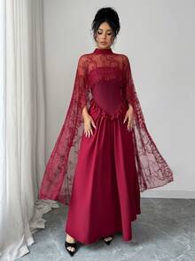 SHEIN Elenzya 新款春夏女士优雅长款红色连衣裙，适合情人节约会、派对、新年、日常聚会、婚礼、伴娘等场合，蕾丝拼接连衣裙 - 酒紅色 - 查看 4