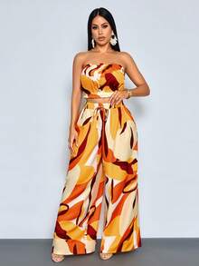 SOLERSUN Irregular Patterned Print Casual 2-Piece Set With Simple Top And Loose Pants, Suitable For Elegant Gatherings, Vacations, Music Festivals, Beach Outings, Sunbathing, And Daily Wear - Orange - View 6