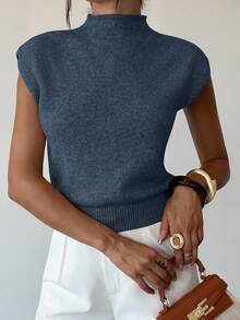 Firerie Elegant High Neck Loose Casual Versatile Sleeveless Knit Sweater Vest Going Out Tops Women,Tops For School In Fall/Winter - Blue - View 6