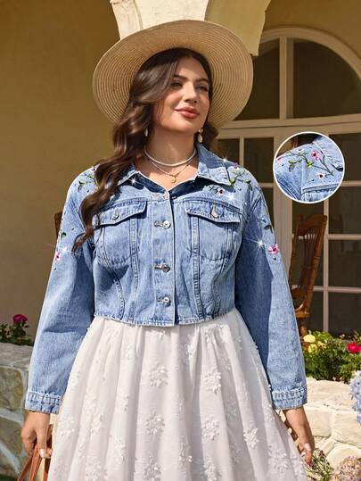 Breezaya 大码女式春夏刺绣复古水洗牛仔外套