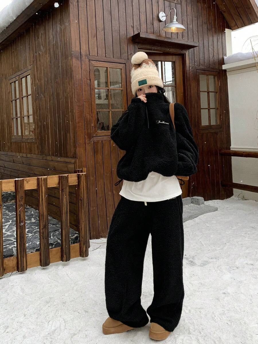 女士羊羔绒卫衣和休闲裤两件套，秋冬家居服套装 - 黑色 - 查看 1