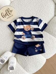 Newborn Baby Boy Cute Summer Knitted Cartoon Pattern Striped Short Sleeve T-Shirt And Shorts Set Baby Boy Summer Outfit Baby Boy Short Sets Baby Boy Bear Outfit Baby Boy Navy Shorts Baby Boy Clothes With Bears - Navy Blue - View 5