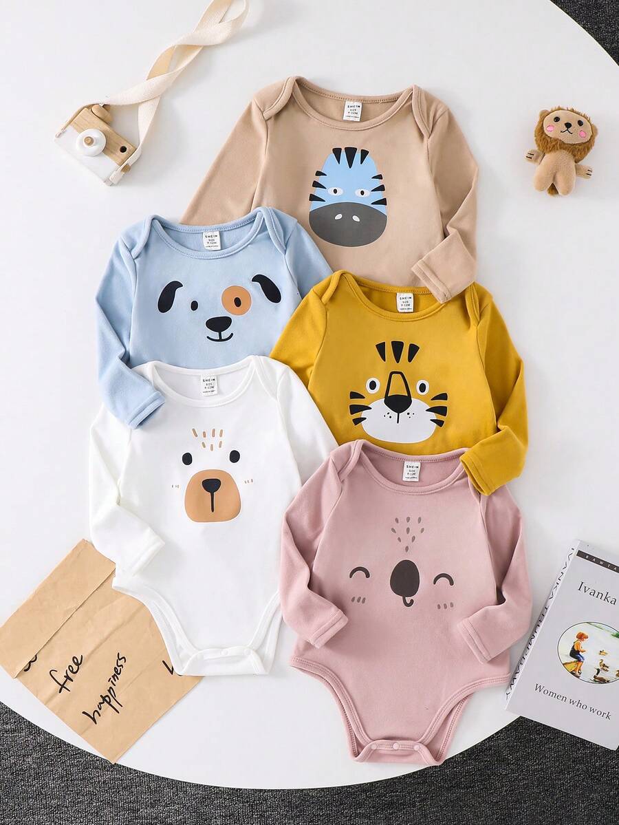 SHEIN 5pcs Baby Boy/Girl High Stretch Overlapping Shoulder Loose Brushed Fleece Soft Cartoon Bear & Dog Animal Print Knitted Romper - Multicolor - View 1