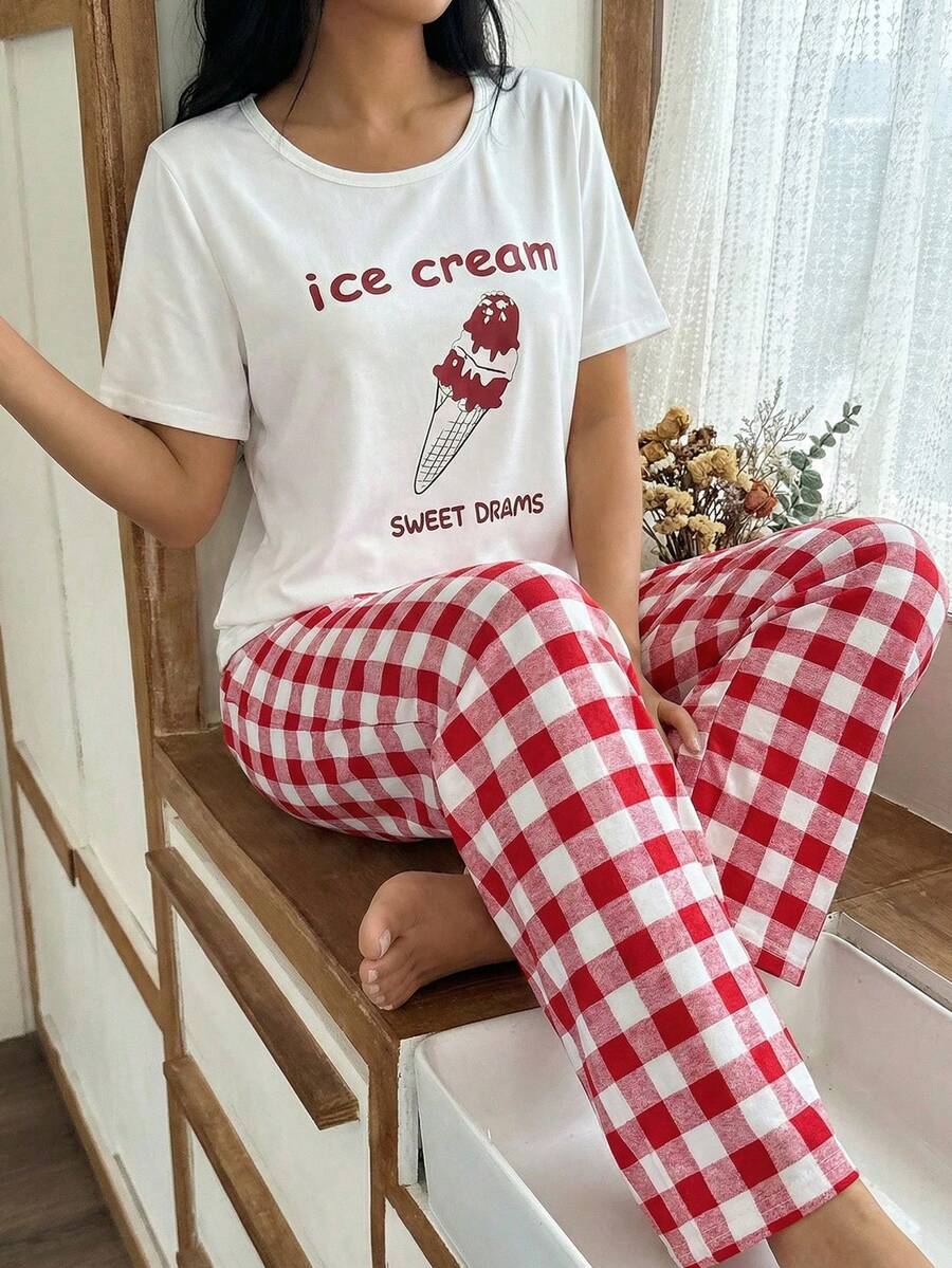 2pcs/Set Tween GirlsCasual Cute Ice Cream Print Short Sleeve Top And Fashionable Loose Red Plaid Pants Pajama Set - Red - View 1