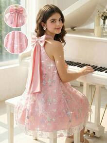 Girls' Elegant Bowknot Colorful Beaded Mesh Sleeveless Party Dress,Pink Summer Flower Girl Dress For Party,Gathering,Outing,Traditional Arabic Style - Multicolor - View 10