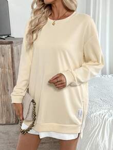 EMERY ROSE Women's Letter Graphic Dropped Shoulder Crew Neck Casual Sweatshirt - Apricot - View 3