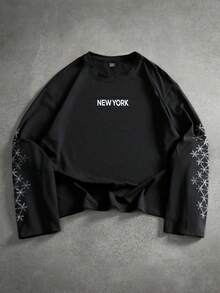 GENIUS ODE Men's Street Style, Short Cut, 3/4 Sleeve T-Shirt, Letter Print T-Shirt - Black - View 7