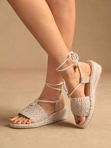 Rosivie Giày sandal vải lanh nữ mùa hè mới, kiểu dáng retro, giày rơm, thoáng khí, thấm hút mồ hôi, làm thủ công, giày vải lanh nữ. - Màu be - Xem 5