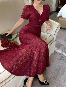 DAZY Women's Elegant Solid Color Lace V-Neck Puff Sleeve Fishtail Midi Dress, Summer Wedding Guest Dress Sundress - Burgundy - View 5