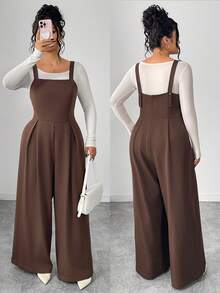 SHEIN Clasi Jumpsuit Kasual Longgar Berlipit Kaki Lebar untuk Wanita Ukuran Plus - Coklat - View 1