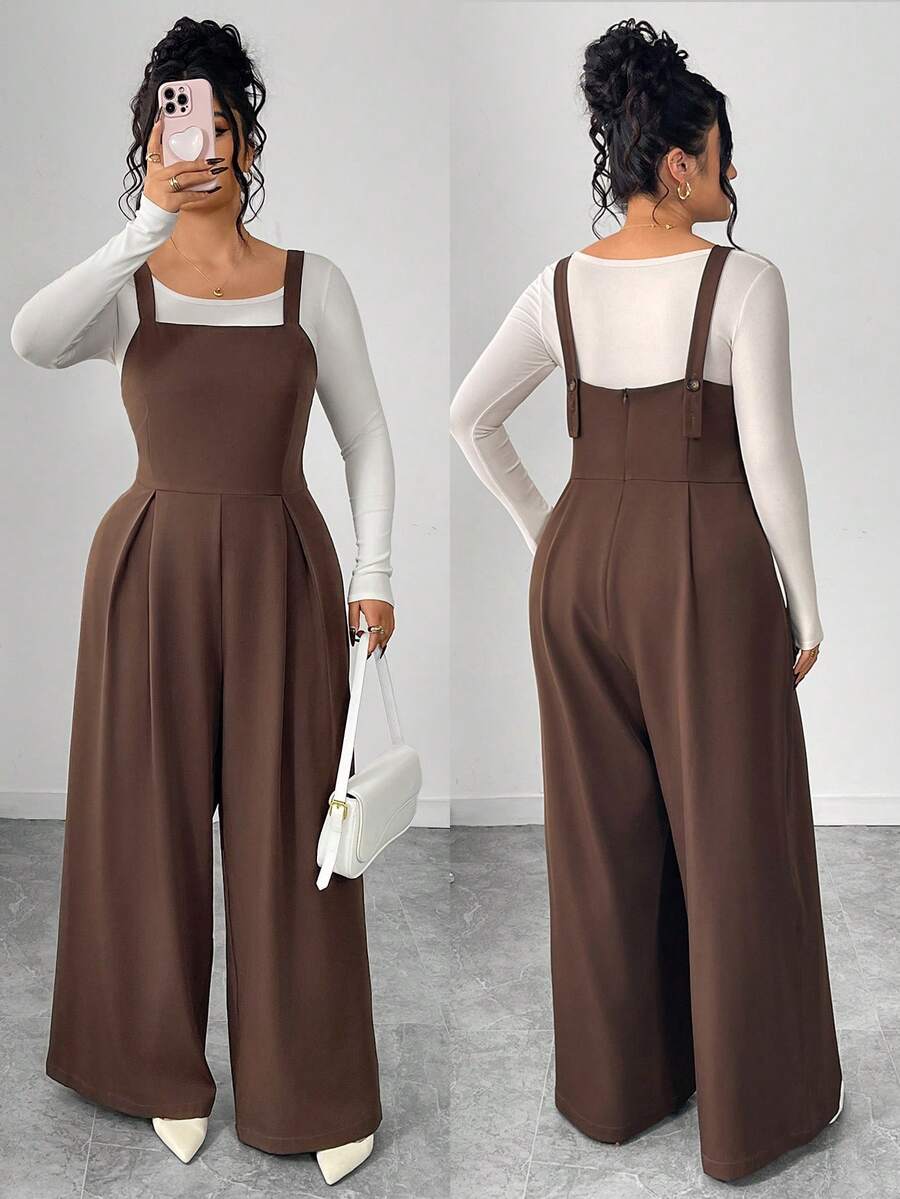 SHEIN Clasi Jumpsuit Kasual Longgar Berlipit Kaki Lebar untuk Wanita Ukuran Plus - Coklat - View 1