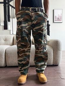 Manfinity Roghcode Jeans casuales de hombre con múltiples bolsillos, efecto desgastado y rasgado, en camuflaje - Multicolor - Ver 8