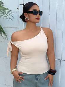 Dazy Plus Plus Size Casual Solid Color Oblique Shoulder Bodycon Tank Top, Summer - Apricot - View 6