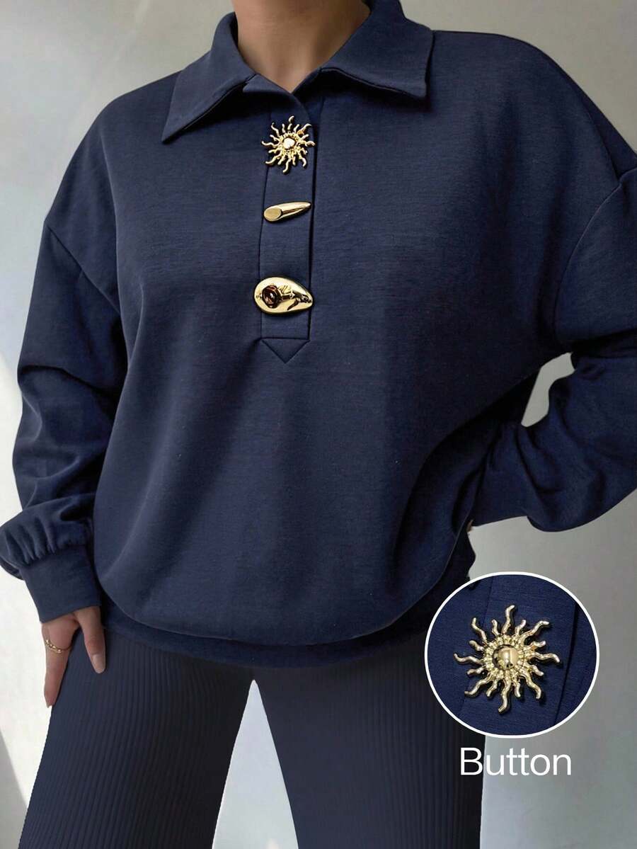 INAWLY Sudadera casual de manga larga de unicolor para tallas grandes - Azul Marino - Ver 1