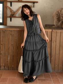 FRIFUL Conjunto de 2 piezas de mujer con cárdigan con lazo y tirantes, y falda con cintura elástica y volantes en el bajo, estilo natural - Gris - Ver 6