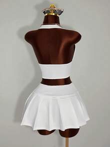 Amplova 女士露背吊带上衣和纯色腰带裙性感前卫两件套 - 白色 - 查看 3