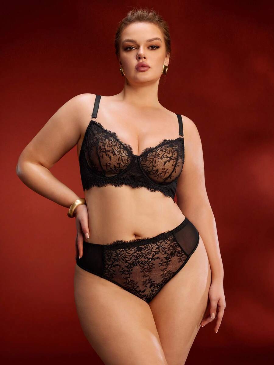 EmpressEnvy 大码女士蕾丝钢圈性感内衣套装 - 黑色 - 查看 1