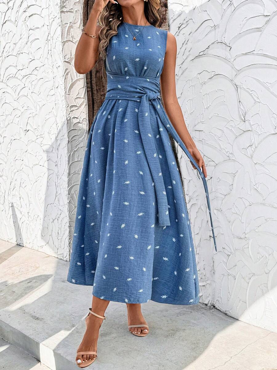 SHEIN Clasi Đầm maxi dáng chữ A không tay, thắt eo, chất liệu vải lanh thanh lịch dành cho nữ, thích hợp cho kỳ nghỉ hè. - Xanh và trắng - Xem 1
