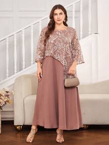 Lacomfia Gaun A-line Lengan 3/4 Bordir Ukuran Besar yang Kasual & Nyaman, Cocok untuk Semua Acara di Musim Semi dan Musim Panas/Gugur - Baby Pink - View 1