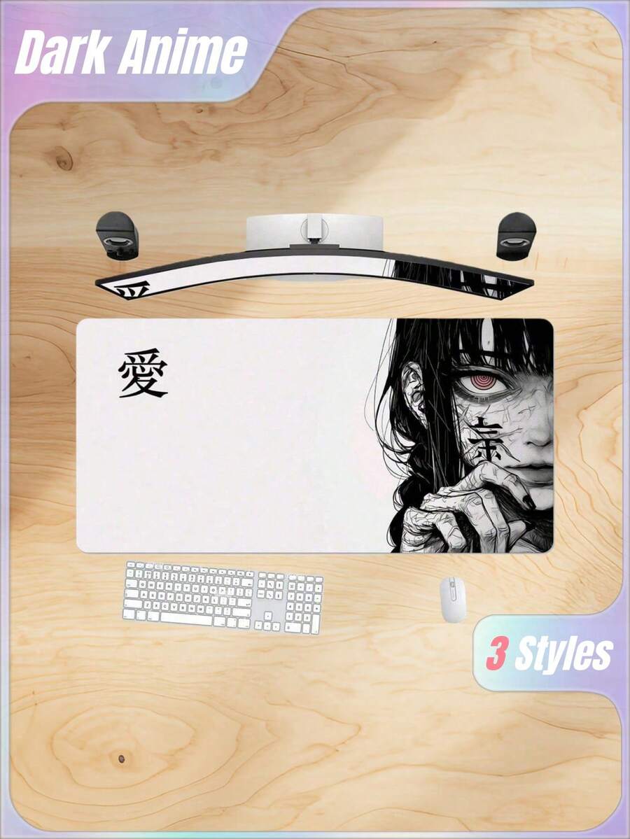 1pc Art Anime Girl Black & White Mouse Pad Dark Girl Gamer Computer Accessories Chinese Character Love Keyboard Laptop Desk Mats, Computer Workstation, Stylish Accessory, Anime Design, Smooth Texture, Creative Professionals, Anime Fans
