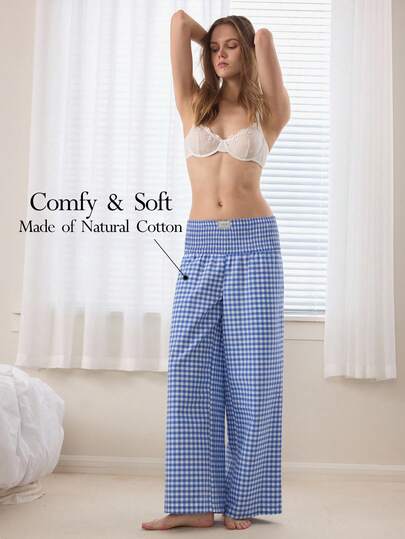 Ocili Women's Solid Color Drawstring Waist Loose Wide Leg Pajama Pants, Comfortable Cotton Striped Tie Sleepwear Bottoms