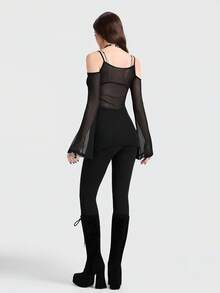 Breakform Áo kiểu Gothic gợi cảm dành cho nữ, chất liệu lưới xuyên thấu, dây mảnh, trễ vai, tay loe, ôm sát. - màu đen - Xem 2