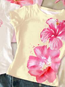 Bộ 3 áo thun ngắn tay cổ tròn in họa tiết hoa Dopamine, màu kem vàng, kem hồng, trắng, kiểu dáng tối giản, đa năng dành cho nữ tuổi teen, phù hợp mặc hàng ngày vào mùa xuân/hè, ở nhà hoặc đi nghỉ mát. - Nhiều màu - Xem 5