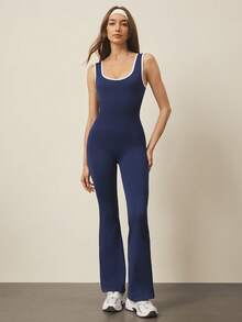 With My Calm Contrast Trim Scoop Neck Tight Flared Leg Sleeveless Jumpsuit - Blue - View 3
