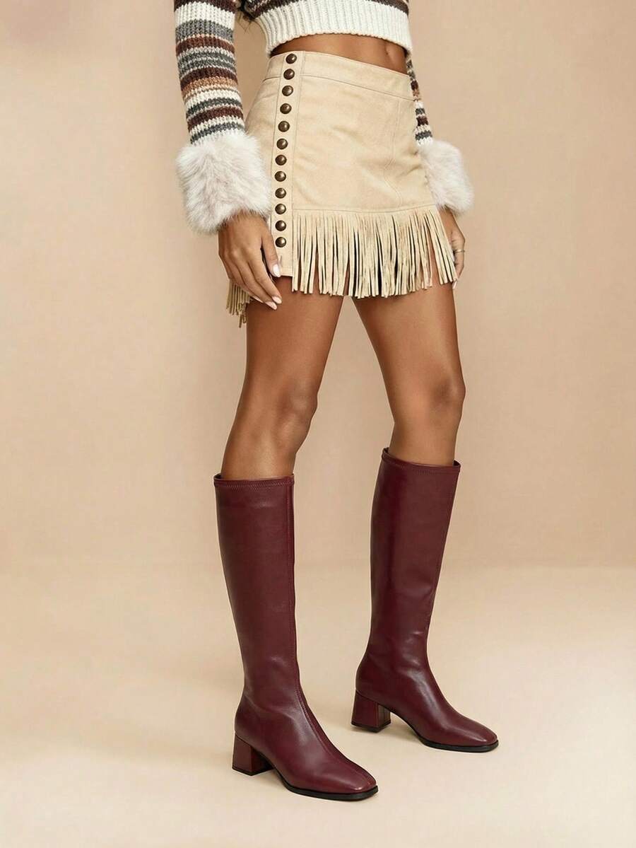 Daringsoles Women's Fashion Versatile Simple Chunky Heel Mid-Calf Boots For Christmas Valentine's Day - Burgundy - View 1