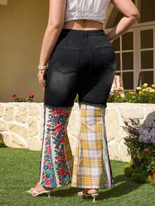 Breezaya Plus Size Women's Spring/Summer Patchwork Plaid Flare Leg Jeans - Multicolor - View 2