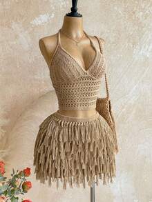 Soleia Women's V-Neck Halter Tie Backless Crop Top And Fringe Hem Mini Skirt 2 Piece Set, Suitable For Party, Christmas, Date Night, Nightclub, Bohemian, Boho, Vacation, Fall - Apricot - View 5