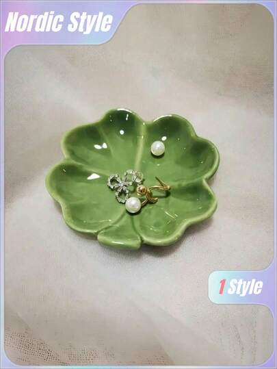 Ceramic Jewelry Tray With Floral Design, Tabletop Multipurpose Organizer For Cosmetics And Accessories, Nordic Style Clover Leaf And Leaf Shaped Storage Box For Engagement, Wedding, Birthday Gifts - 1pc, Jewelry Trays Gifts For Women