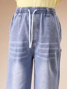 Quần jean denim ống rộng xếp ly SUMWON dành cho bé trai, cạp chun có dây rút, dáng rộng thoải mái, thích hợp cho cả ngày thường và kỳ nghỉ. - Rửa trung bình - Xem 6