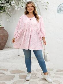 SHEIN CURVE+ Curve 尺码 US22 音乐节、海滨度假、波西米亚风 CURVE PLUS / / 女士系带领灯笼袖条纹爱心印花荷叶边下摆宽松衬衫 - 彩色 - 查看 8