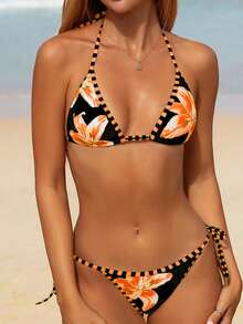 Swim Mod Women's New Floral Print Spaghetti Strap Backless Top And Side Tie Swim Bottoms Sexy Bikini Set Set - Black - View 1