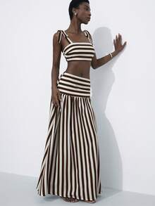 Aveloria Modichic 新款时尚度假沙滩风女士性感经典撞色条纹抹胸蝴蝶结吊带露脐上衣搭配高腰半裙，两件套 - 棕色 - 查看 6