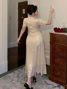 DAZY 优雅女士中长连衣裙，饰有水钻，适合情人节、婚礼、派对、正式场合，收腰设计，春夏闪亮连衣裙 - 金色 - 查看 4